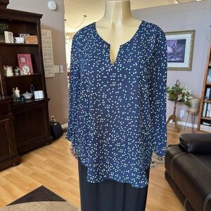 DR2 Navy Blue Blouse with White and Green Dots
